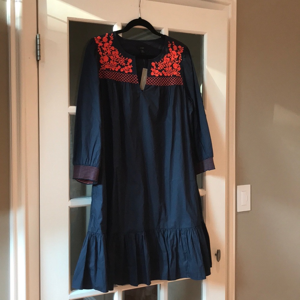 Embroidered popover dress with ruffle hem